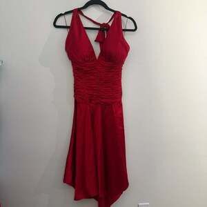y2k cache 100% silk red ruched halter midi dress size 2